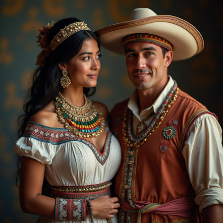 Portrait of a young couple in traditional clothes in a vintage interiorの素材