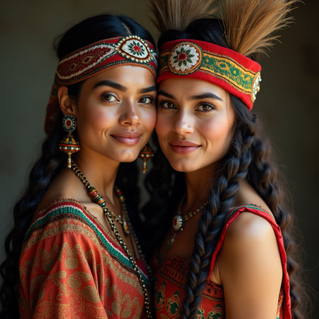 Portrait of two beautiful Indian women with long braids in ethnic clothesの素材