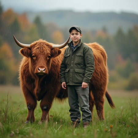 Handsome man in a raincoat and cap with a big bull in the fieldの素材