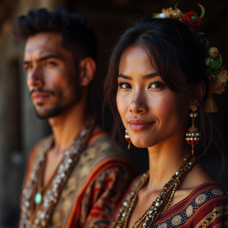 Portrait of a beautiful Asian woman and man in traditional clothesの素材