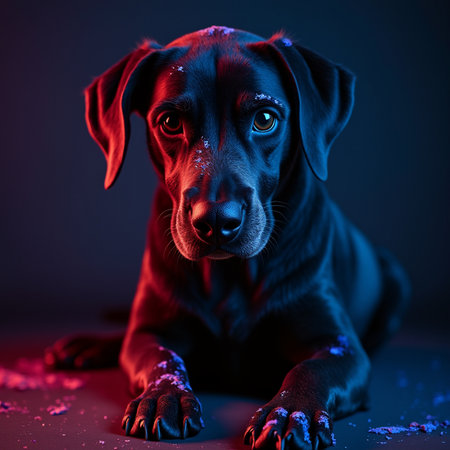 Portrait of a beautiful black dog on a dark background. Studio shot.の素材
