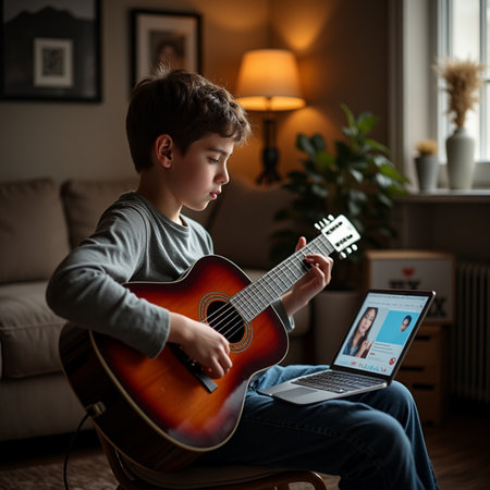 Cute little boy playing guitar and learning online at home. Education concept.の素材