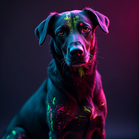 Portrait of a black dog with colored paint on his face.の素材