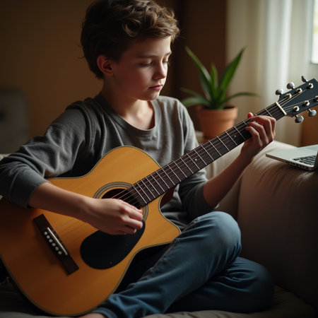 Young boy playing acoustic guitar at home in the living room. Teenage boy learning to play guitar.の素材
