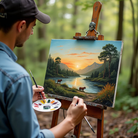 painter painting picture on canvas in the forest, summer vacation conceptの素材