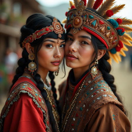 Portrait of two beautiful Asian women in traditional clothes and headdressの素材