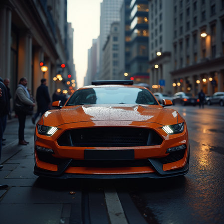 Orange Lamborghini Huracan parked on the streets of Madridの素材