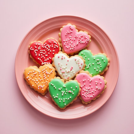 Colorful heart shaped cookies for Valentine's Day on pink plate, top viewの素材