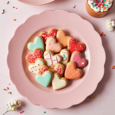 Colorful heart shaped cookies for Valentine's day on pink plate.の素材