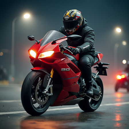 Rear view of a sports motorcyclist in a black jacket and helmet riding a red sports motorbike on the road.の素材