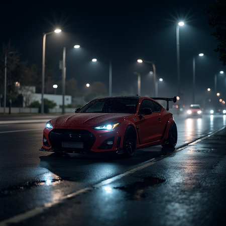 Red sport car on the road at night with lights in the backgroundの素材