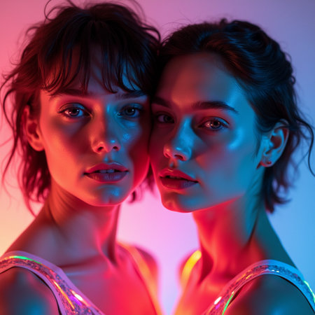 Close-up portrait of two beautiful young women in neon light.の素材