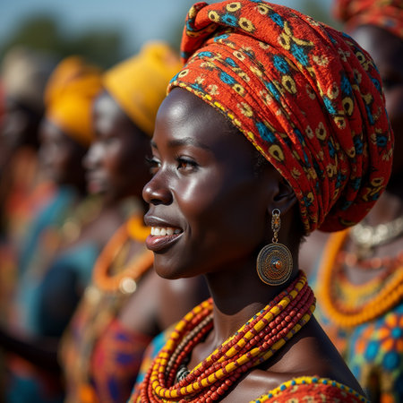 Unidentified Beninese women in colored clothes at the voodoo festival, which is annually celebrated.の素材