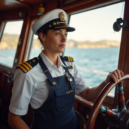 Portrait of a beautiful female captain on the deck of a shipの素材