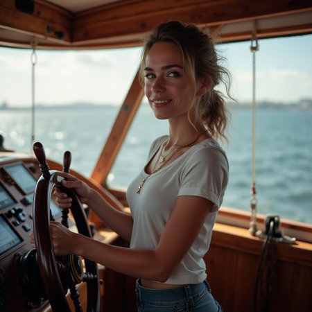 Beautiful girl on the deck of a ship with a steering wheelの素材