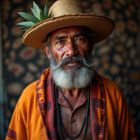 Portrait of an old man in a straw hatの素材