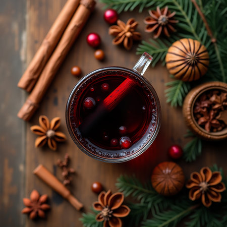 Mulled wine with spices and christmas tree branches on wooden backgroundの素材