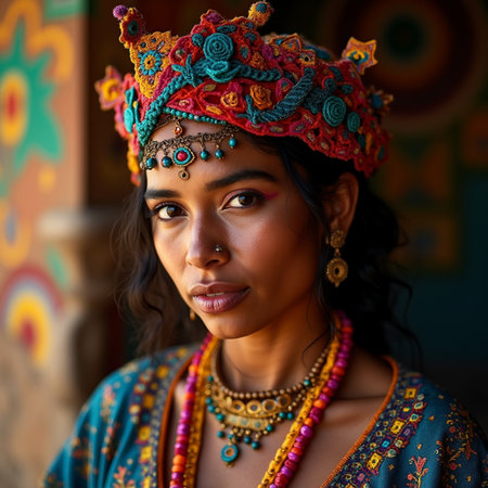 Portrait of a beautiful Indian woman in a colorful headdressの素材