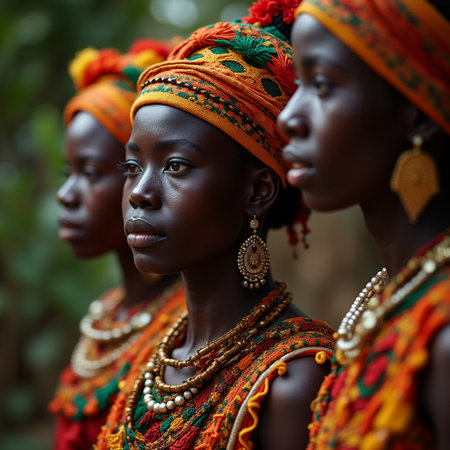 Portrait of beautiful African women in traditional clothes at the local market.の素材