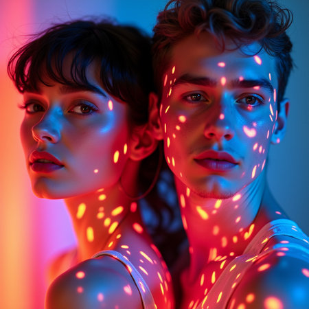 Portrait of a beautiful young couple in love. Man and woman in neon light.の素材