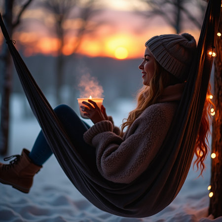 Young woman sitting in hammock and drinking tea in winter forest at sunset.の素材