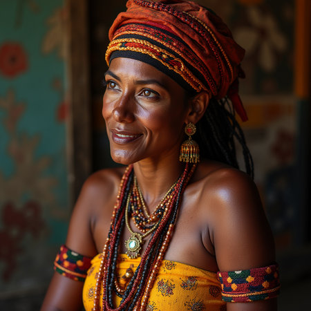 Portrait of a beautiful African woman in traditional clothes and beads.の素材