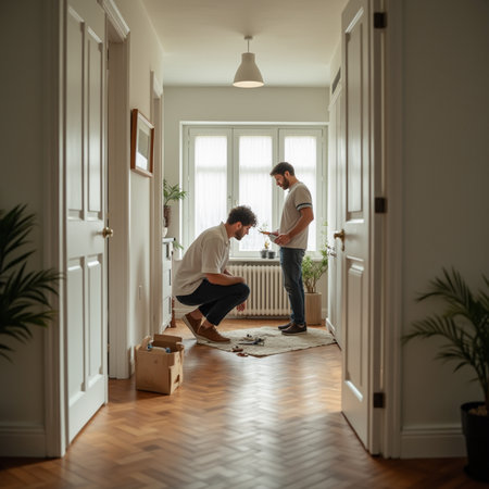 Young couple unpacking their new home and moving into a new houseの素材
