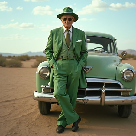 Handsome middle-aged man in green suit and hat standing near old american car in desertの素材