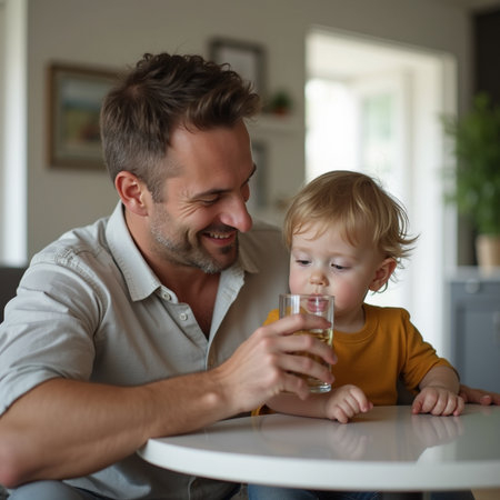 Young father and his little son drinking water from a glass at homeの素材