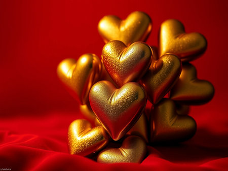 Golden hearts on a red background. Valentine's Day. Love.の素材