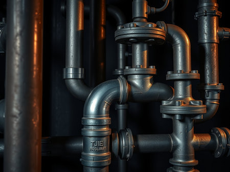 Pipes and valves of the heating system on a black background.の素材