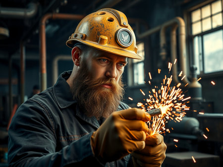 Portrait of a bearded man in a helmet with sparks in his hands.の素材