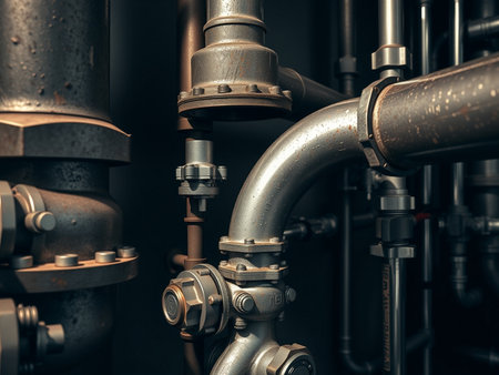 Industrial zone, Steel pipelines, valves and cables in a factoryの素材