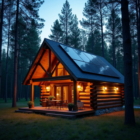 Wooden house in the pine forest at night. 3d renderingの素材