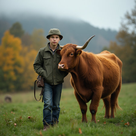Young man with a bull in the autumn field. Selective focus.の素材