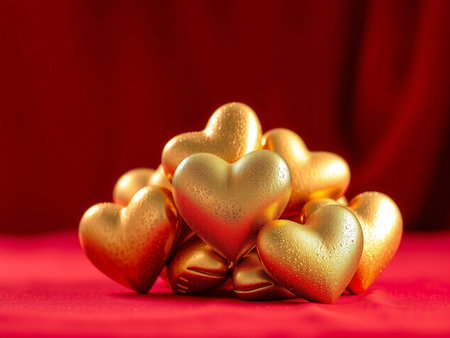 Hearts of gold color on a red background. Valentine's Dayの素材