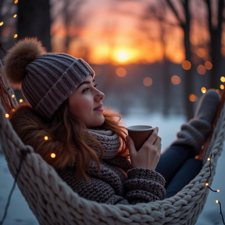 Beautiful young woman in knitted hat and scarf sitting in a hammock with a cup of coffee in the winter forest at sunset.の素材
