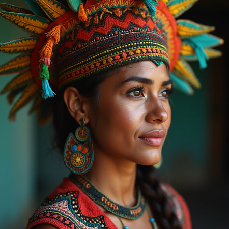 Portrait of a beautiful young African woman in a colorful headdressの素材