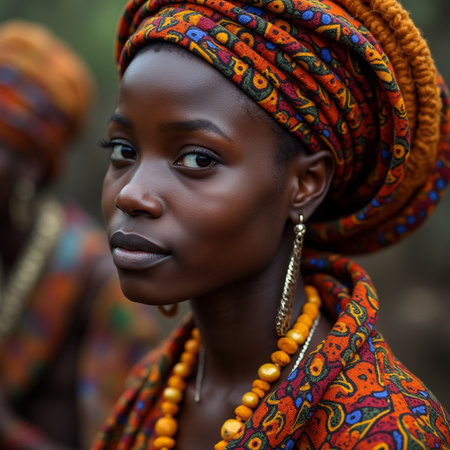Portrait of a beautiful young African woman in traditional clothing with bright accessories.の素材