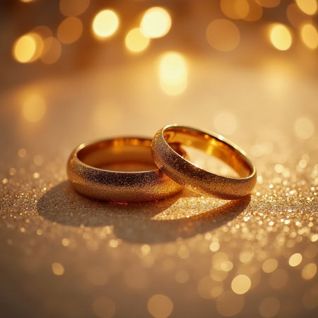 Wedding rings on golden bokeh background, close upの素材