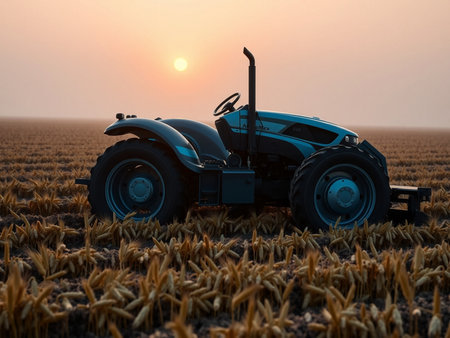 Tractor in wheat field at sunset. Tractor in the fieldの素材