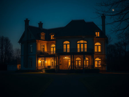 Beautiful old house in the park at night with lit windowsの素材