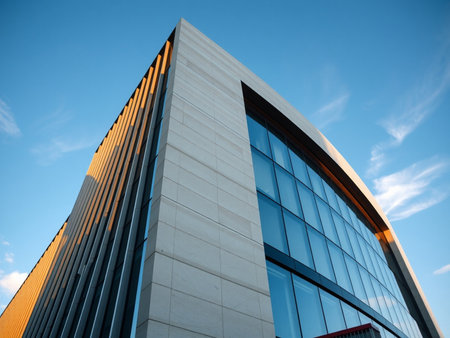 Modern office building with blue sky background. Perspective view of modern office building.の素材