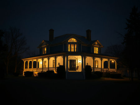 Old house in the park at night, beautiful photo digital picture.の素材