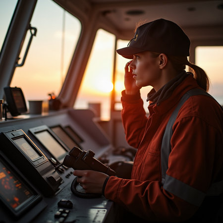 Portrait of a female pilot on the deck of a ship.の素材