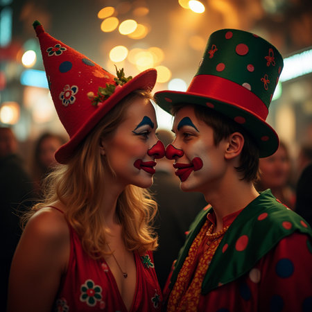 Funny clowns on the street at night. Beautiful woman and man in carnival costumes.の素材
