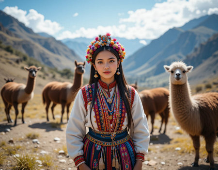 Beautiful young woman in traditional dress with alpaca in the mountainsの素材