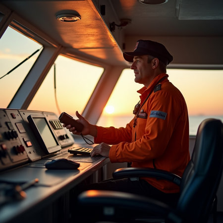 Marine Deck Officer or Chief mateof a ship at sunsetの素材