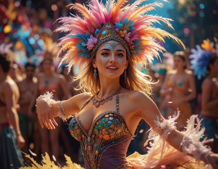 Unidentified Carnival dancer on the parade on Warsaw Multicultural Street Parade in Warsaw, Poland.の素材