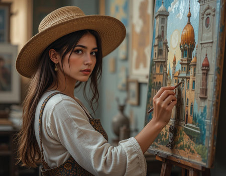 Young woman artist painting in her studio. Portrait of a beautiful girl with long hair in a straw hat.の素材